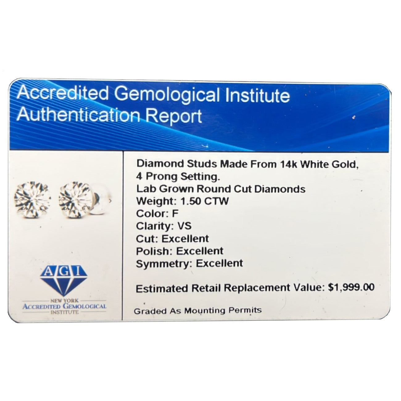 Aretes de diamante cultivado en laboratorio de 1,50 CTW en oro blanco o amarillo de 14K – Color F, Claridad VS | Certificado por AGI
