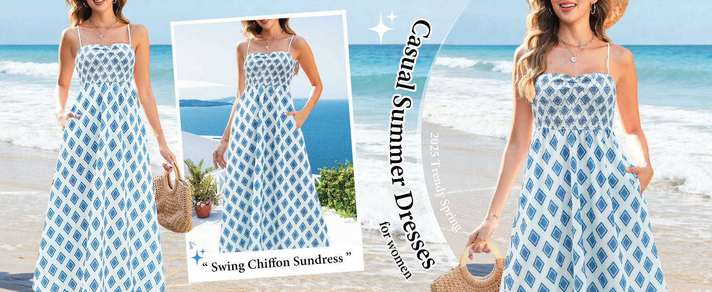 Gardenwed Women's Floral Print Maxi Dress Spaghetti Strap Blue Rhombic Size M