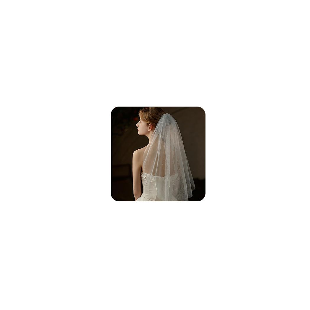 Cliory Pearl Veil Glitter Bride Wedding Short Veil White