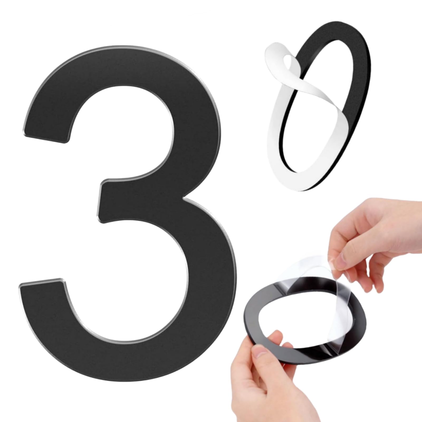 GLDonee 8.5" Acrylic Self-Adhesive House Number 3 Black Modern Address