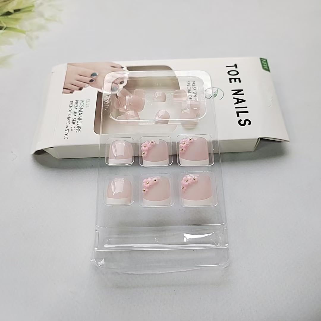 ZIFANHU 24 Pcs White French Press On Toenails Pink Flower Design Plastic