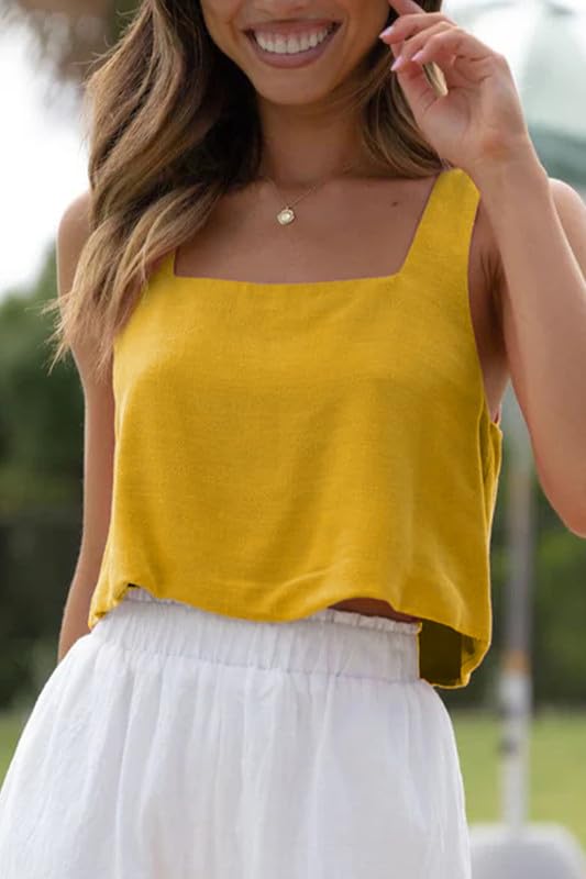 Allimy Women's Square Neck Sleeveless Crop Tank Top Summer Casual Yellow XS