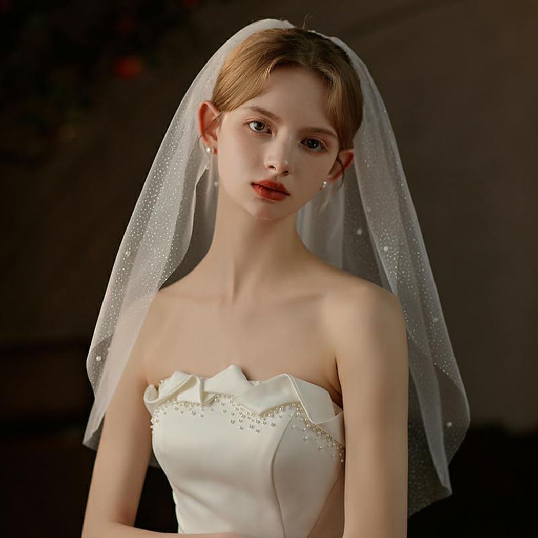 Cliory Pearl Veil Glitter Bride Wedding Short Veil White