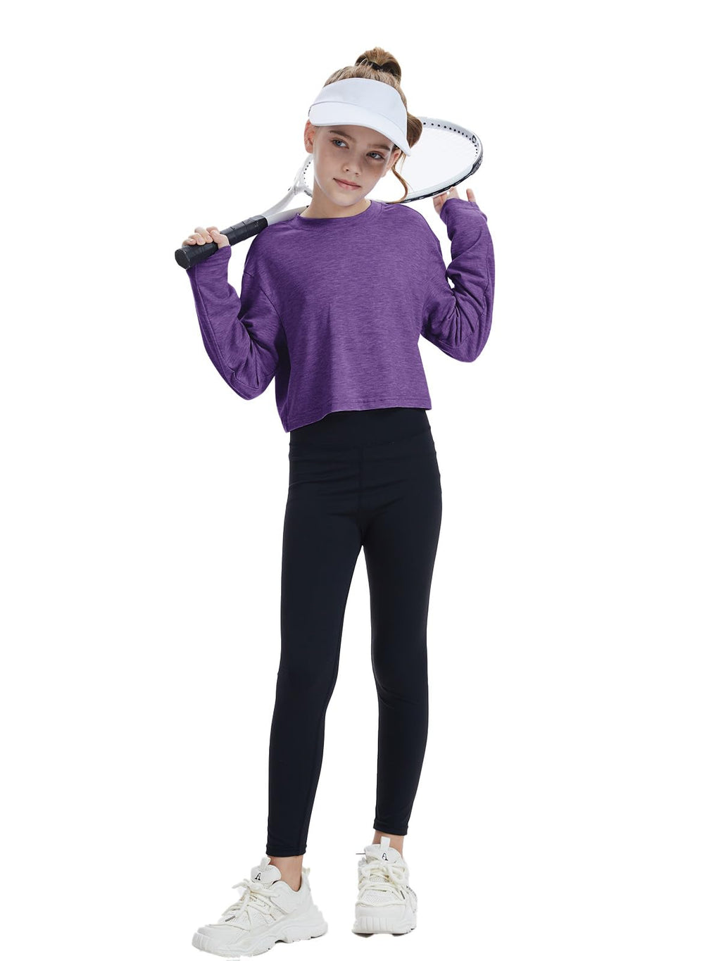 CharmWM Girls Long Sleeve Crop Top Crew Neck Casual Tee Deep Purple Size 9-10Y