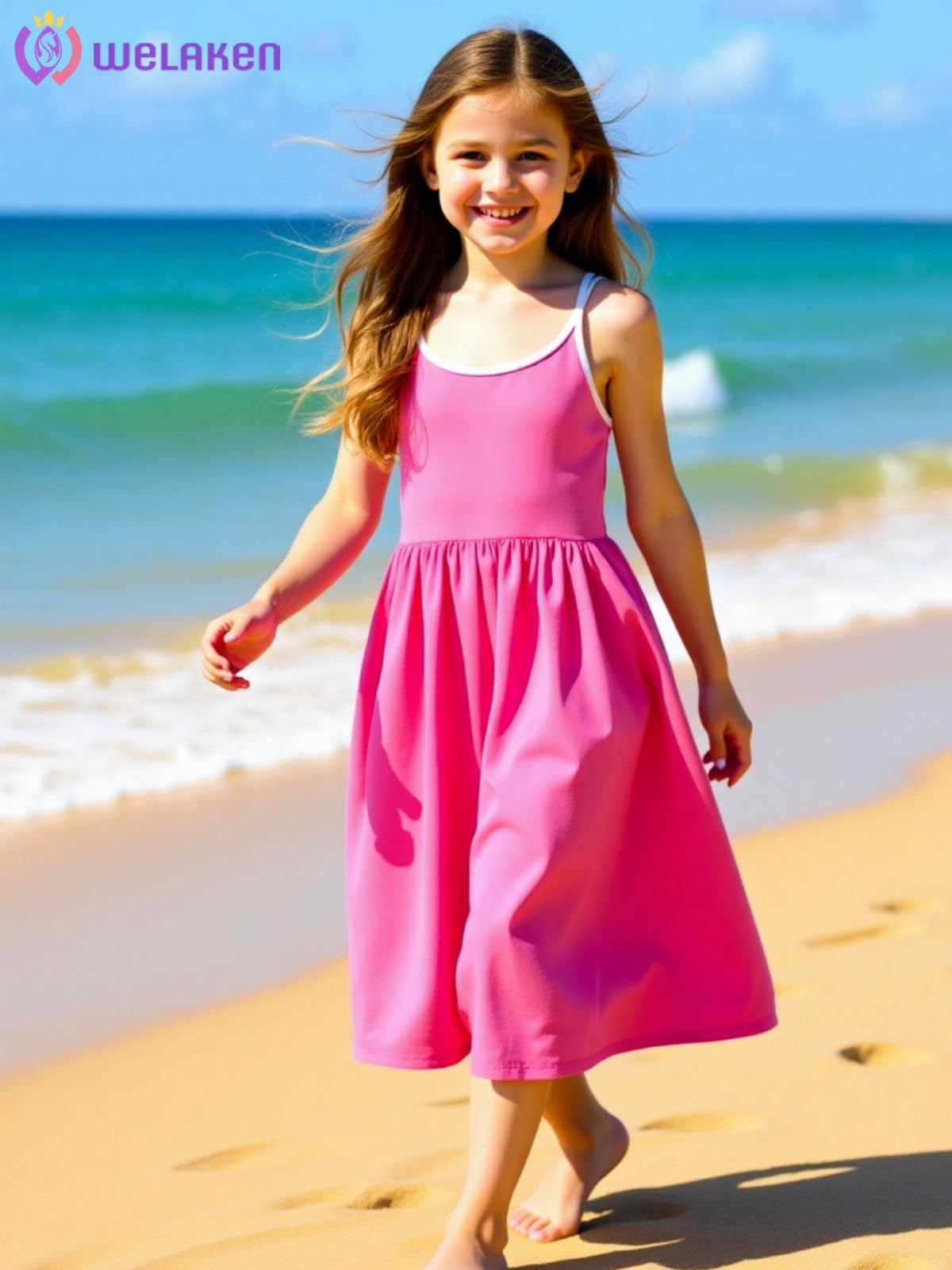 WELAKEN Summer Sundress Criss Cross Back Elastic Waist Pockets Hot Pink Size 8Y