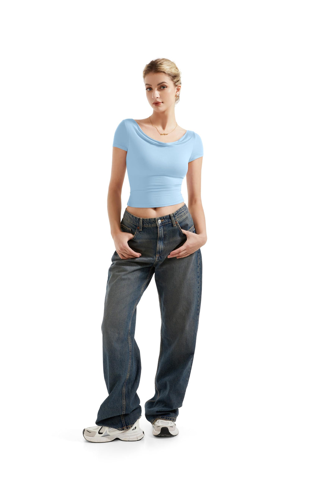 SUUKSESS Women Off Shoulder Cowl Neck Short Sleeve Top Light Blue Size M
