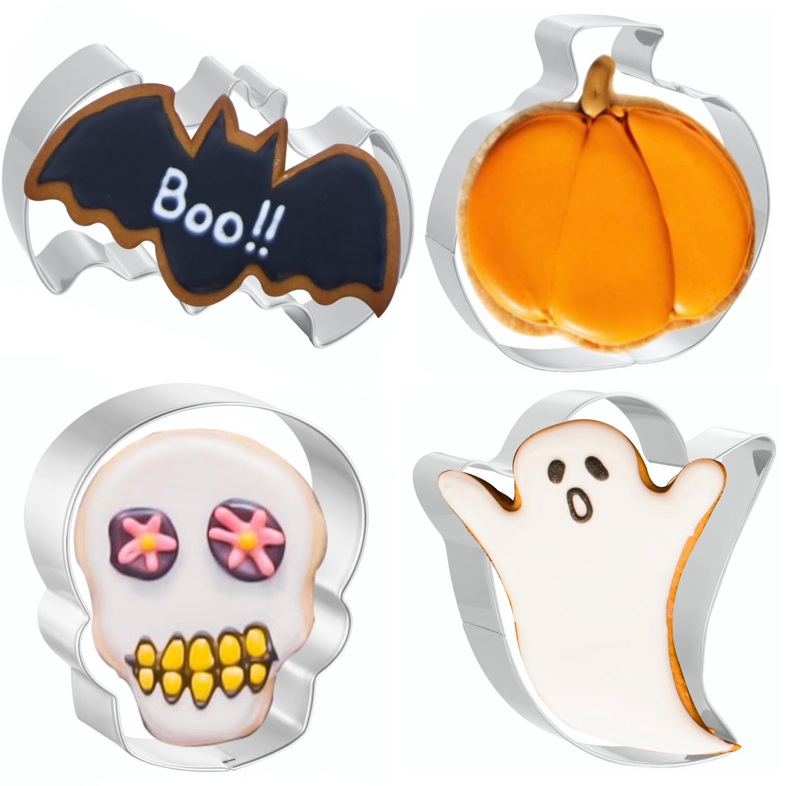 JOB JOL Halloween Cookie Cutters 4 PCS Ghost Pumpkin Bat Skull 3.5-4.5"