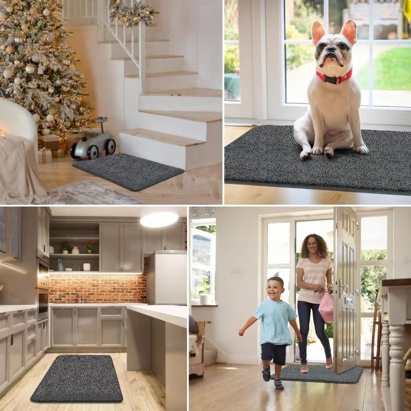 Mibao Front Door Mat Non-Slip Waterproof 35.5x59in Dark Grey TPR Backing