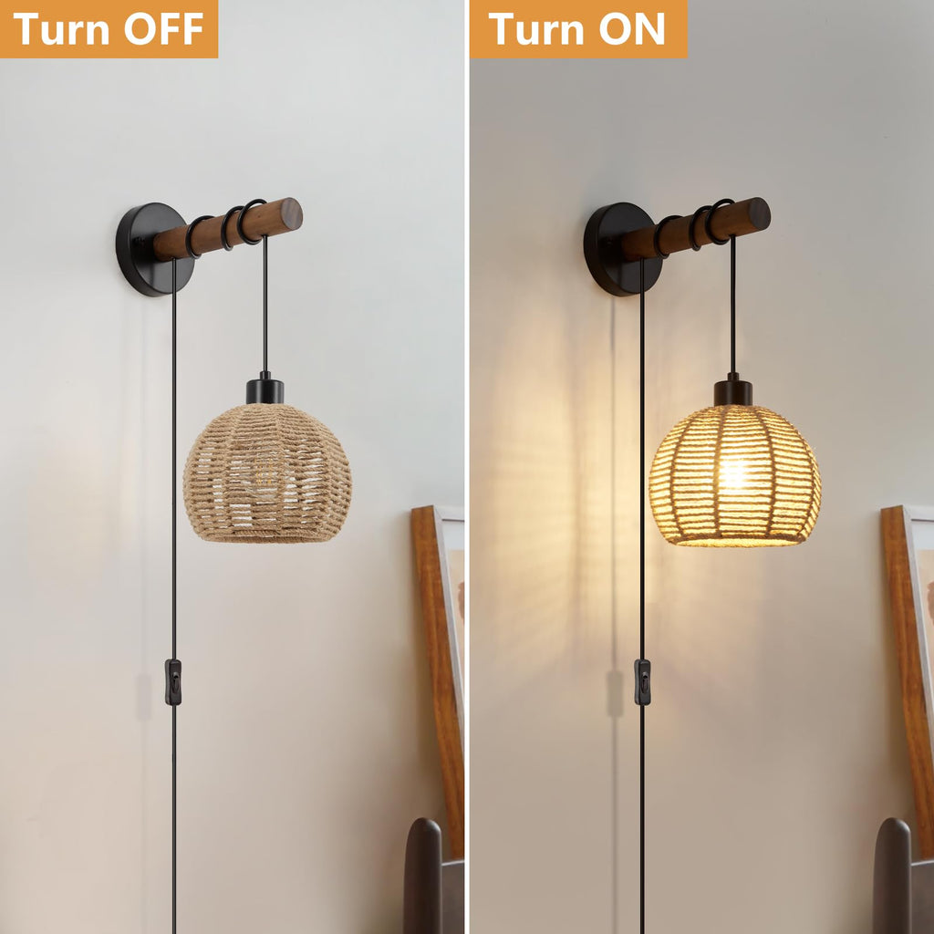 SGLfarmty Boho Rattan Plug-in Wall Sconces Set of 2 Rustic Hemp Rope