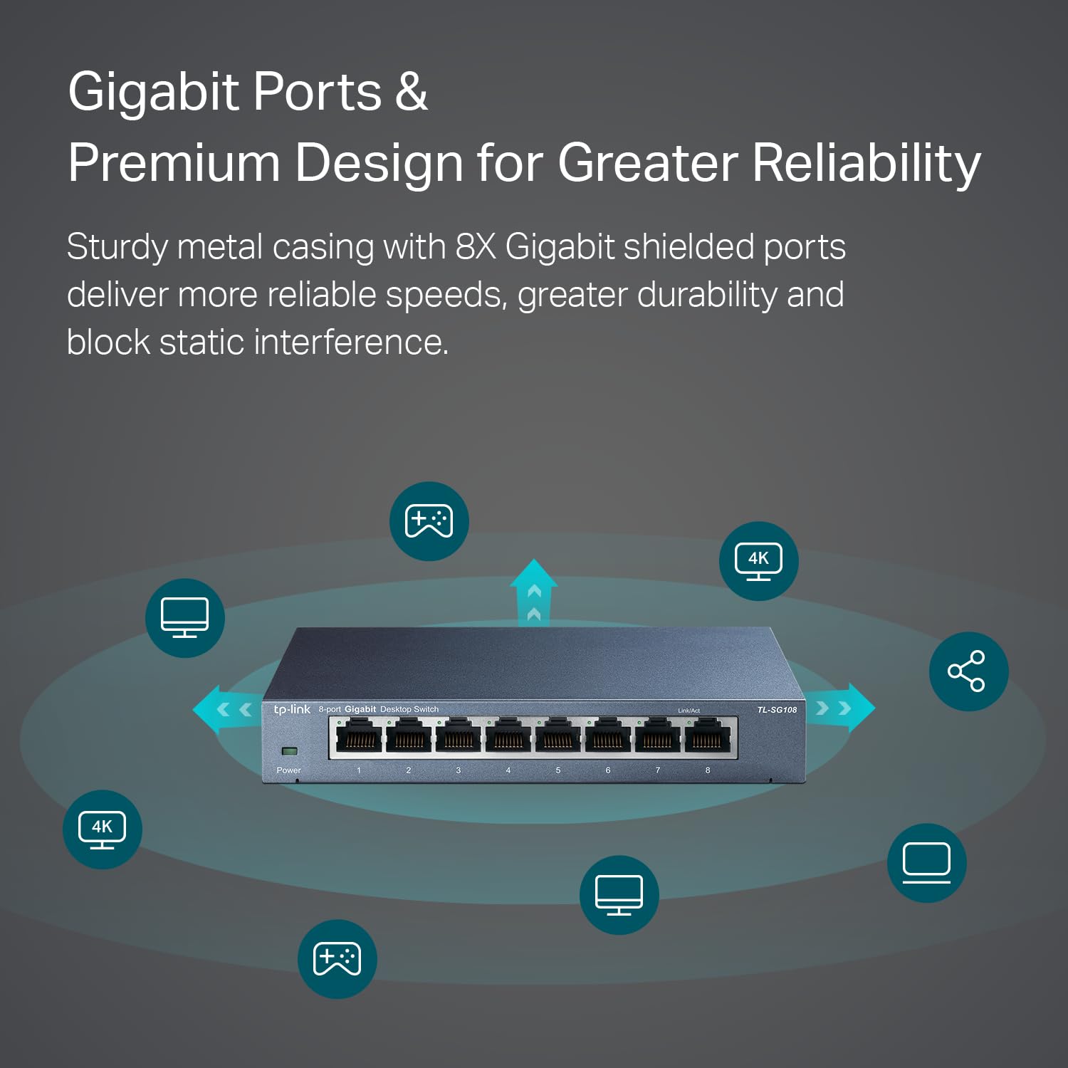 TP-Link TL-SG108 8 Port Gigabit Ethernet Network Switch Metal Black Fanless