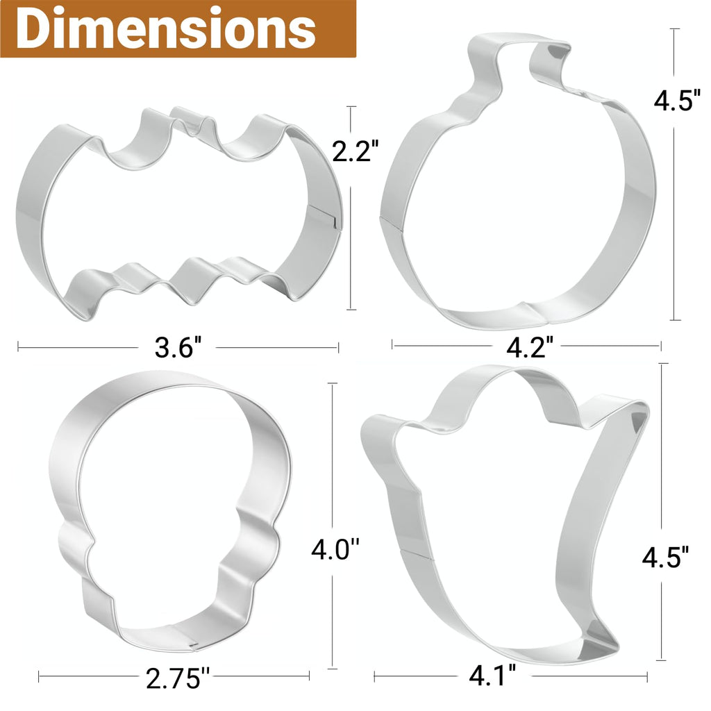 JOB JOL Halloween Cookie Cutters 4 PCS Ghost Pumpkin Bat Skull 3.5-4.5"