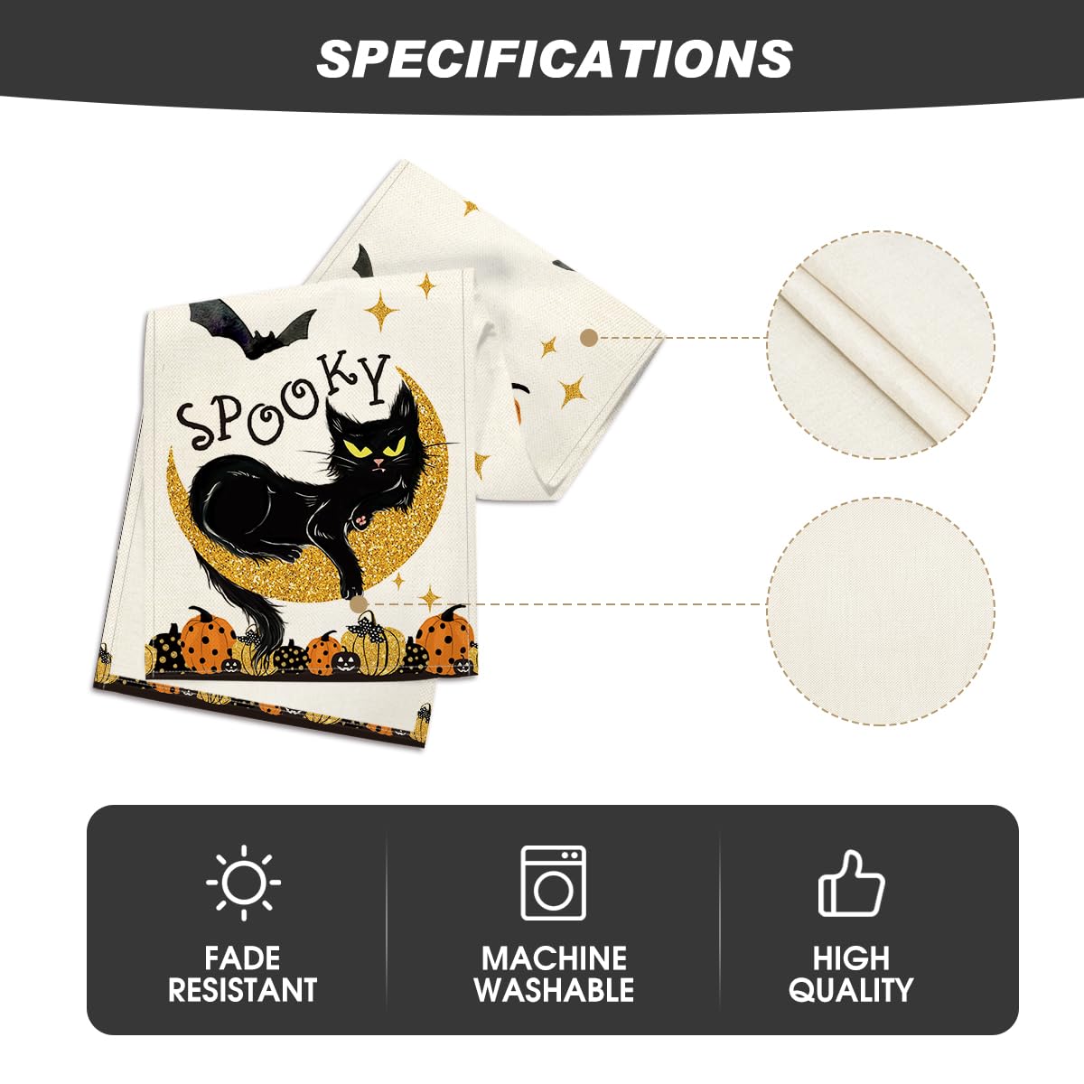 Artoid Mode Halloween Table Runner Black Cat Pumpkins Moon 13x72 Inch Beige
