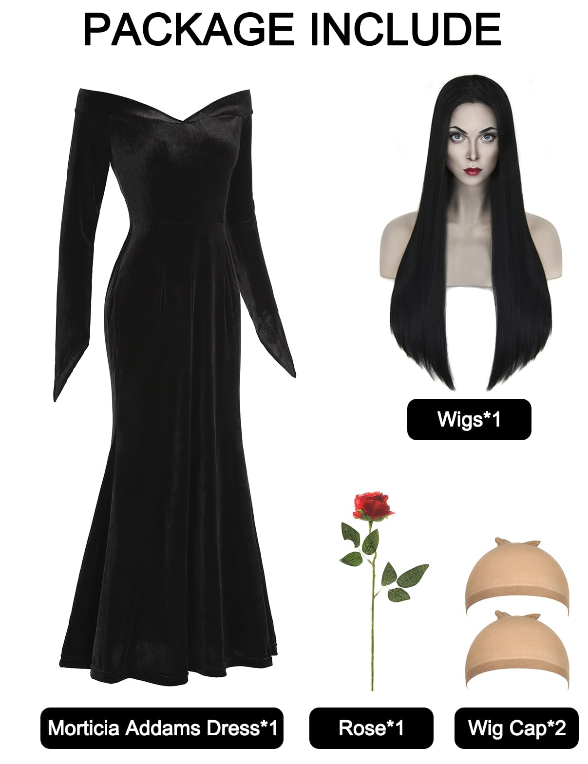 QUJQOM Halloween Gothic Dress Black V-neck Red Rose Wig Size L