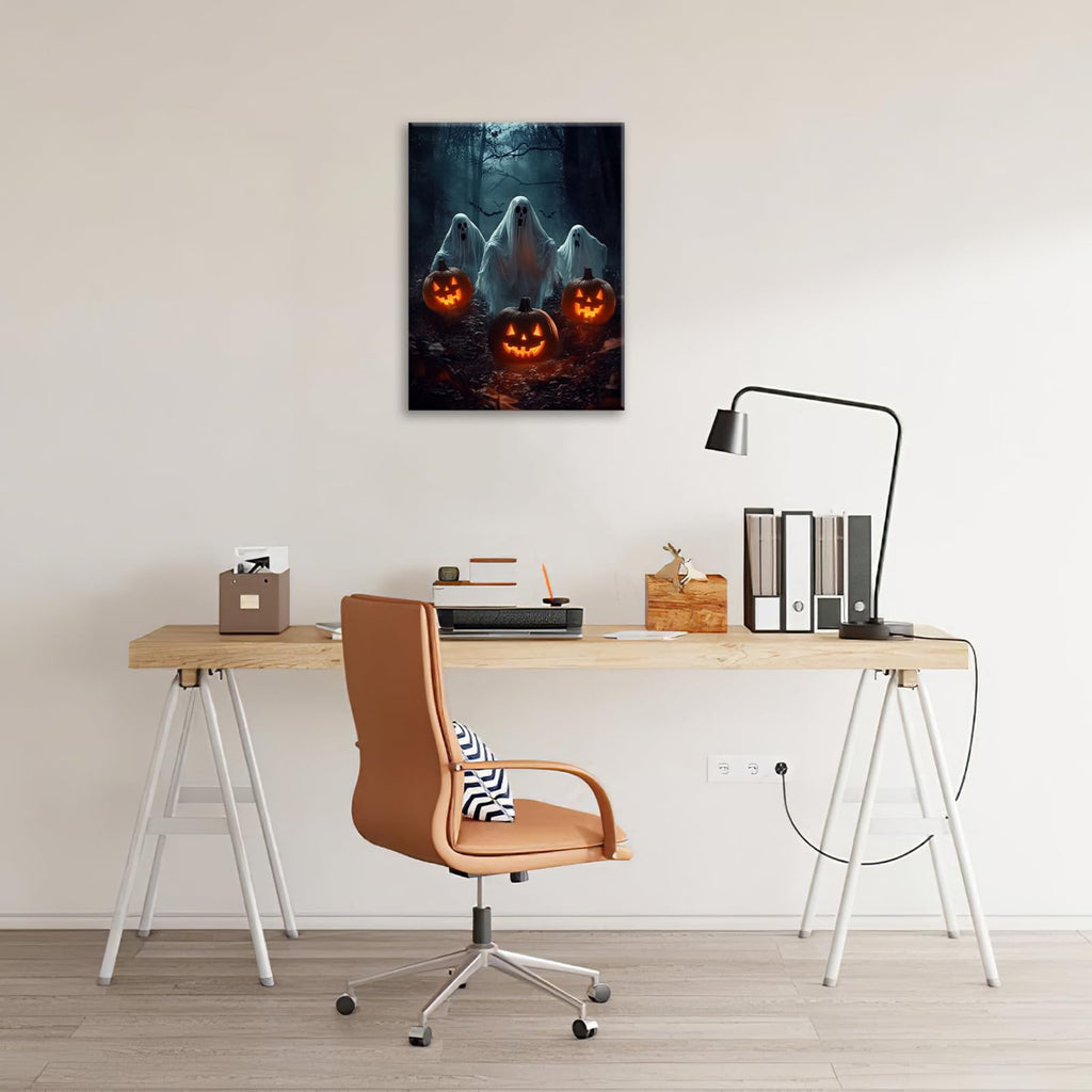 Gothic Halloween Ghost Pumpkin Wall Art Canvas Painting Framed 12x16