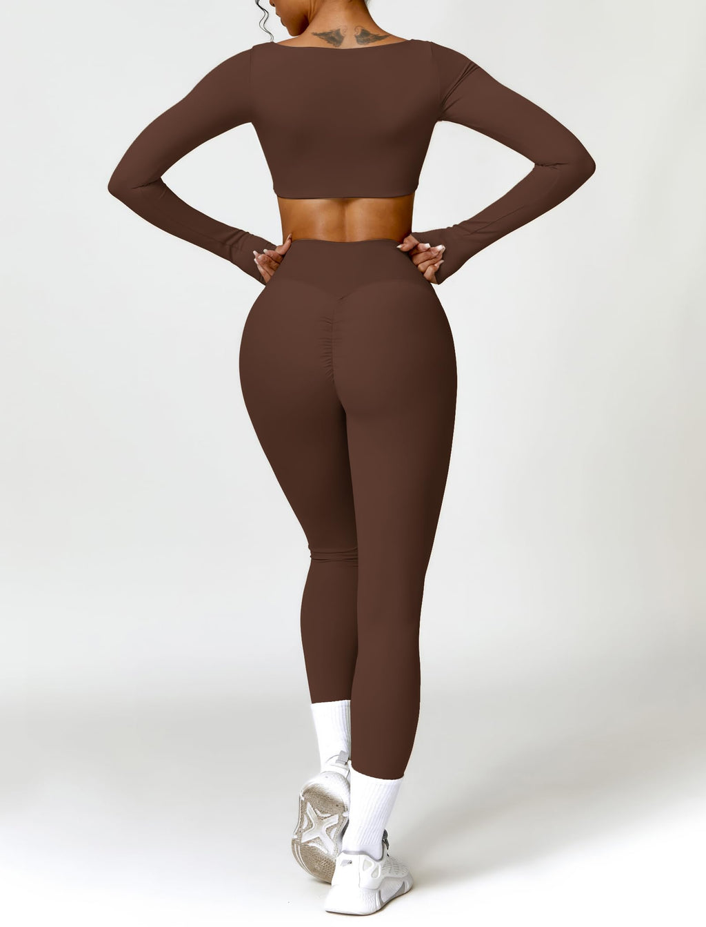 AGYMNX 2pc Workout Set Women Long Sleeve Crop Top High Waist Leggings Brown M