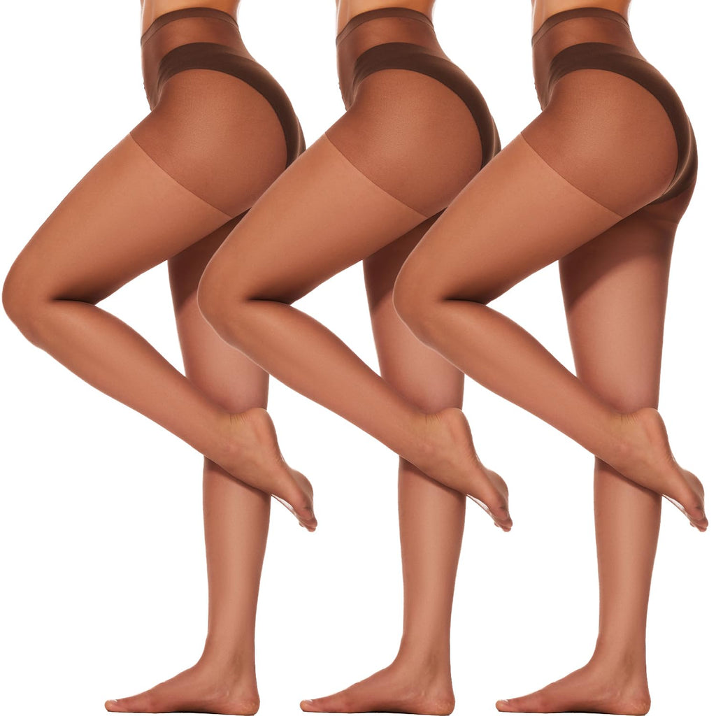DUCMODA 3 Pairs Women's Sheer High Waist Tights 15D Cedar Brown Size S