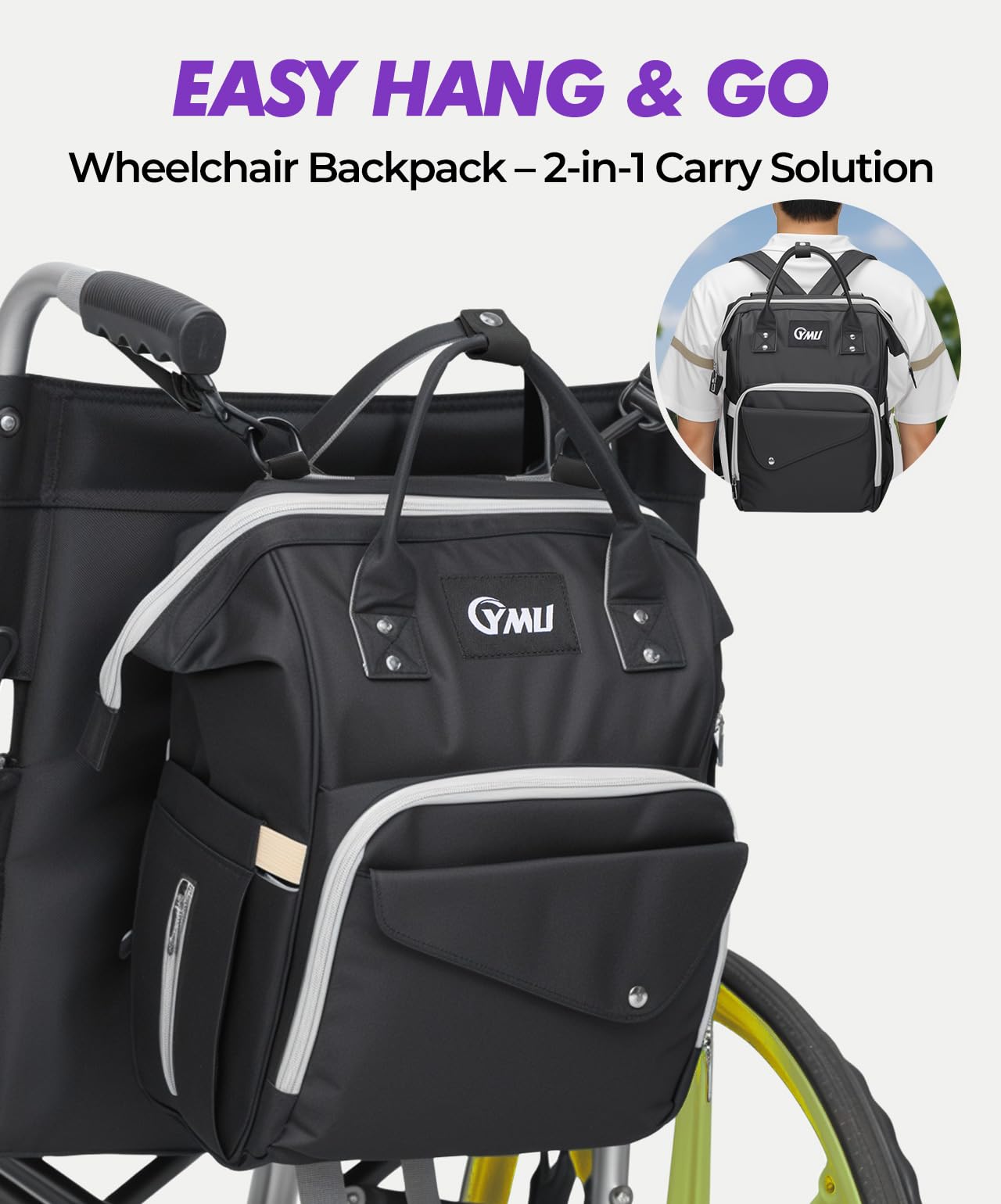 YMU Wheelchair Backpack Bag Large Insulated Pocket Black Shoulder Strap