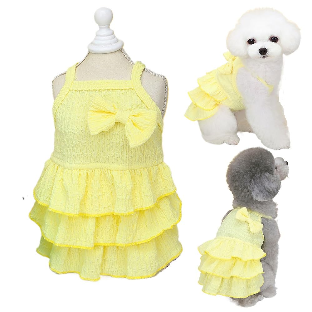 Wiz BBQT Chihuahua Yorkie Dog Dress Sleeveless Ruffles Bow Yellow Size L