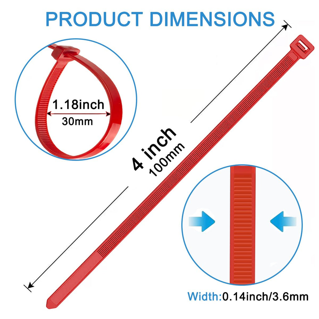 Aroono 500pcs 4in Red Nylon Zip Ties 40lb Strength UV Resistant