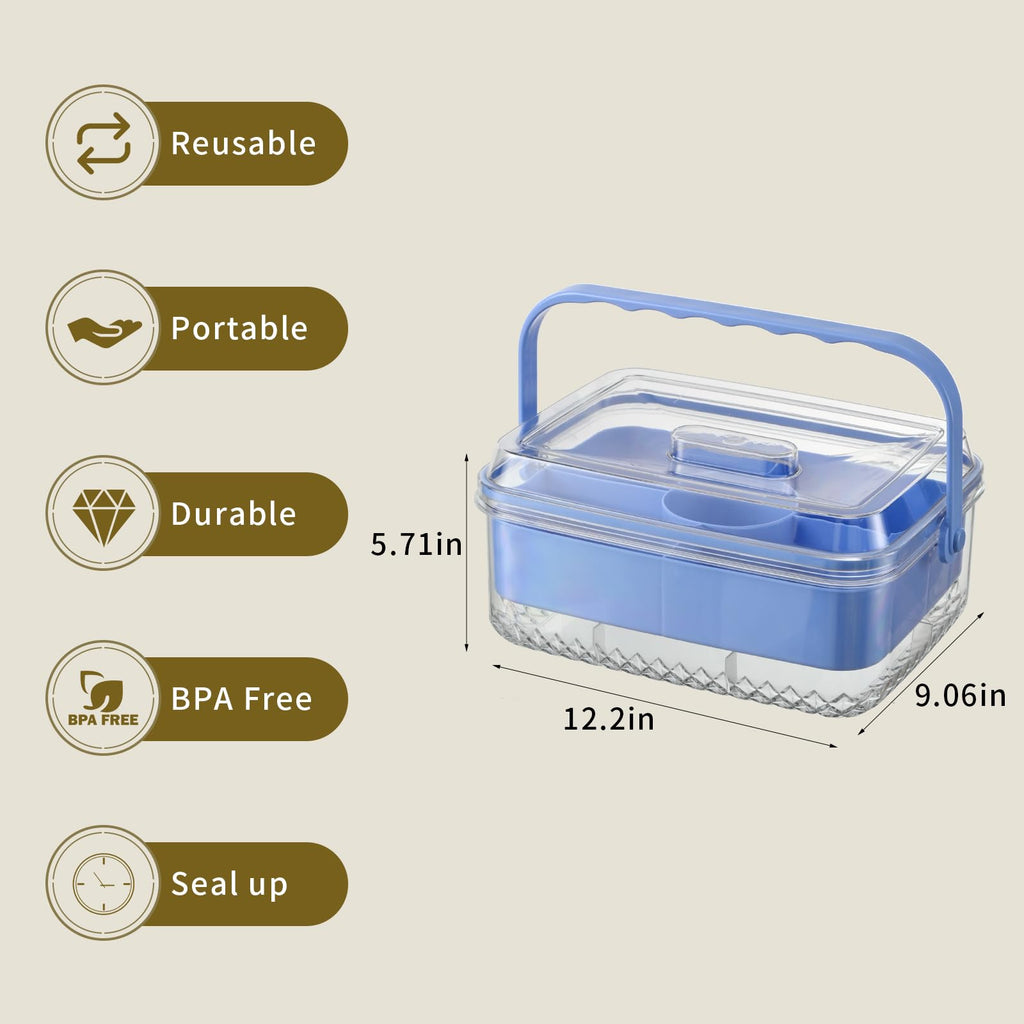 Hegrish Fruit Ice Serving Tray Clear Light Blue 4 Compartments with Lid