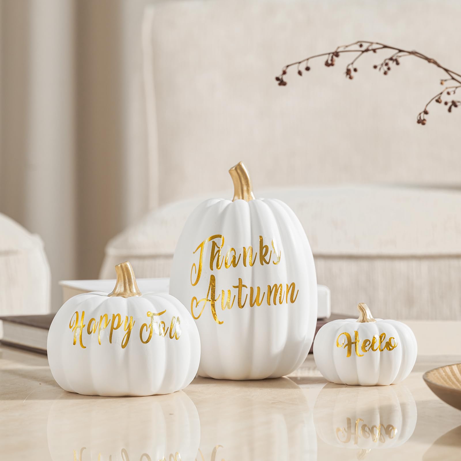 DN DECONATION 3 Pc Fall Pumpkin Decorations White Brown Black Resin Figurines