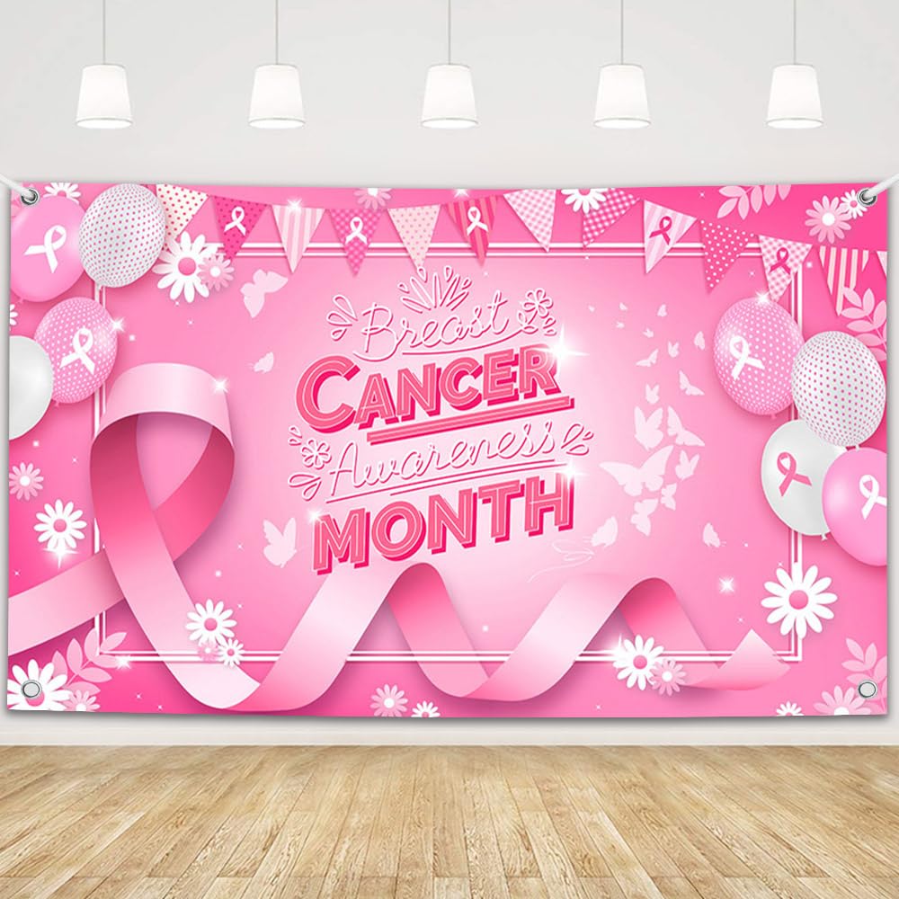 MEHOFOND Breast Cancer Awareness Banner Pink Ribbon Party Decoration Pink