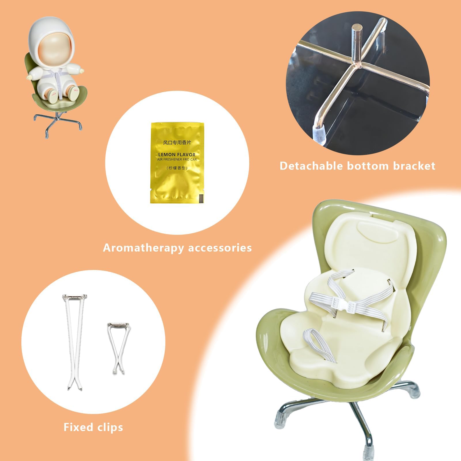 Bofiyma Car Seat for Doll 3-in-1 Vent Clip Aroma Diffuser Green 15-17cm