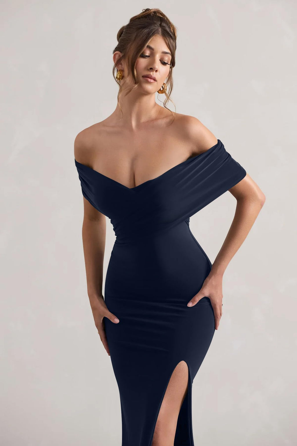LAGSHIAN Women's Bodycon Off Shoulder Ruched Split Hem Dress Navy Size S