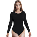 +MD Round Neck Long Sleeve Bodysuit Slim Waist Black Size M
