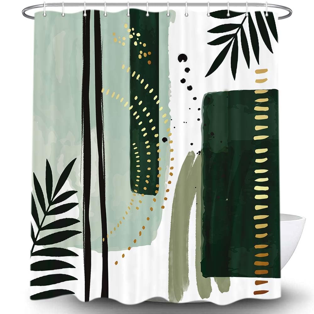 Torich Mid Century Boho Geometric Waterproof Shower Curtain 69x72 Green 12pc