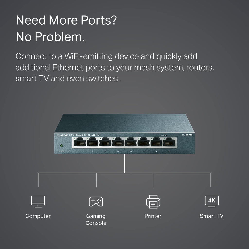 TP-Link TL-SG108 8 Port Gigabit Ethernet Network Switch Metal Black Fanless