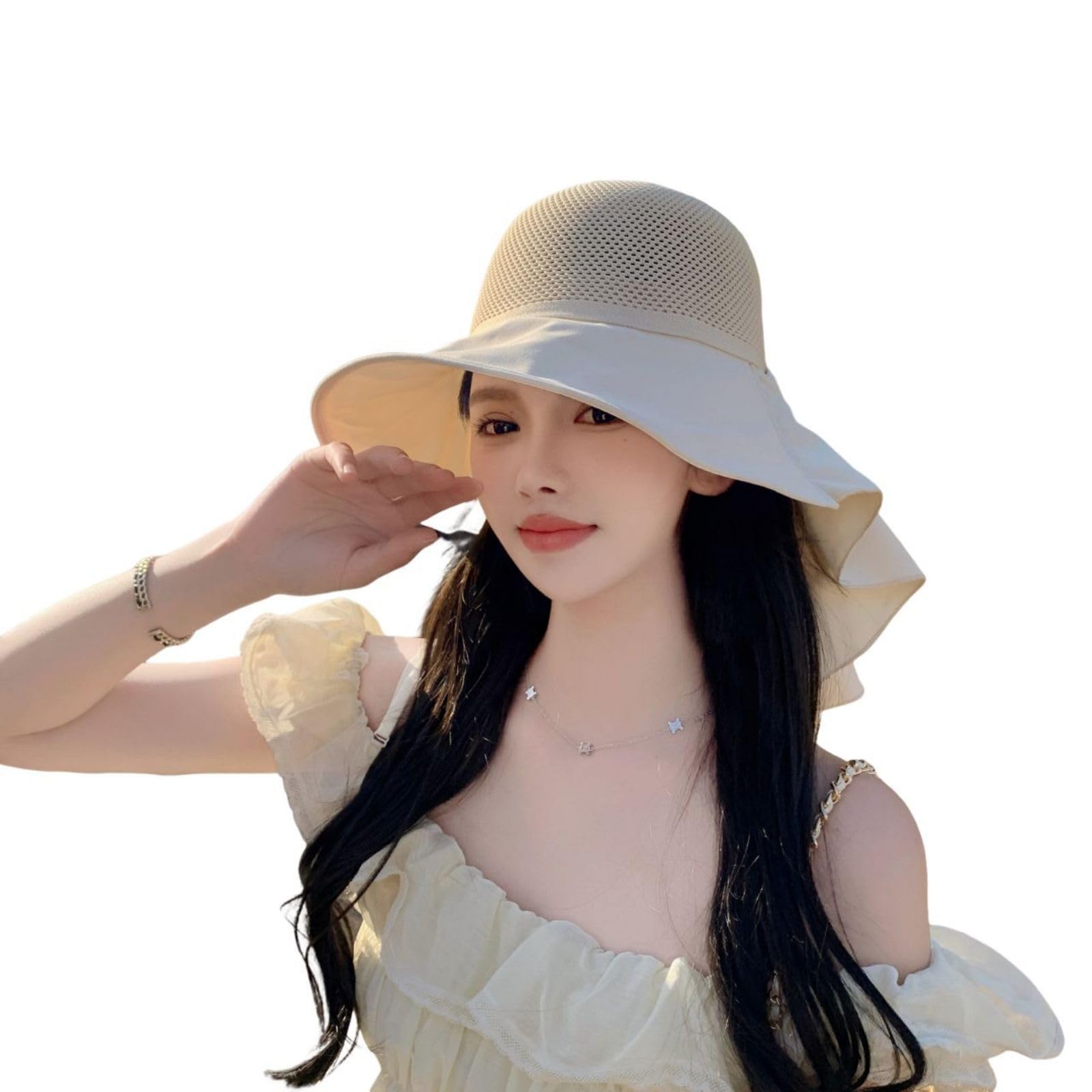 CAOCEFA Womens UPF50 Mesh Sun Hat Wide Brim Neck Flap Off White