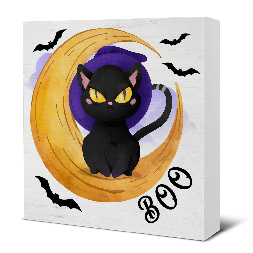 Hijie Halloween Black Cat Bat Wooden Sign Decor 5x5 Inches Indoor