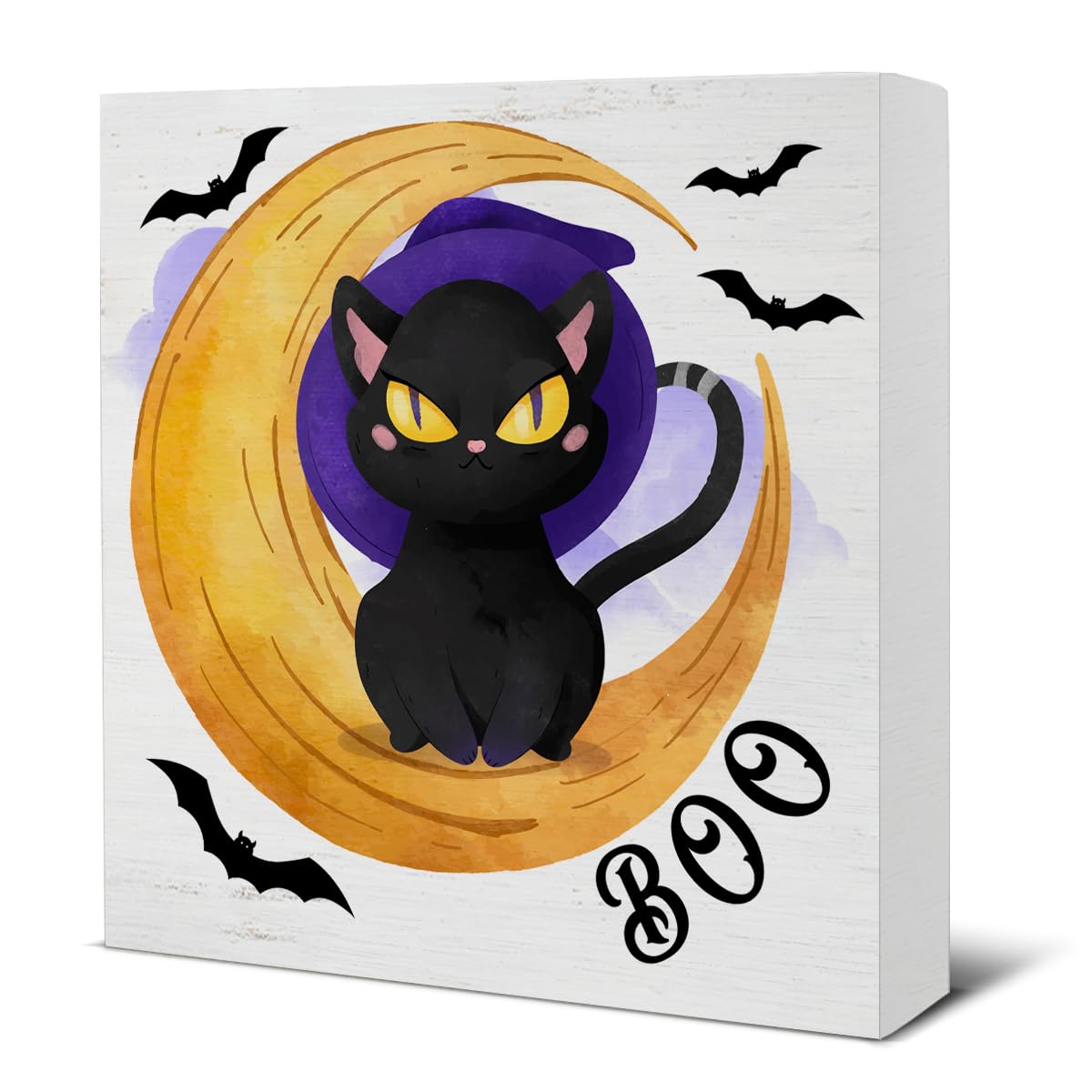 Hijie Halloween Black Cat Bat Wooden Sign Decor 5x5 Inches Indoor