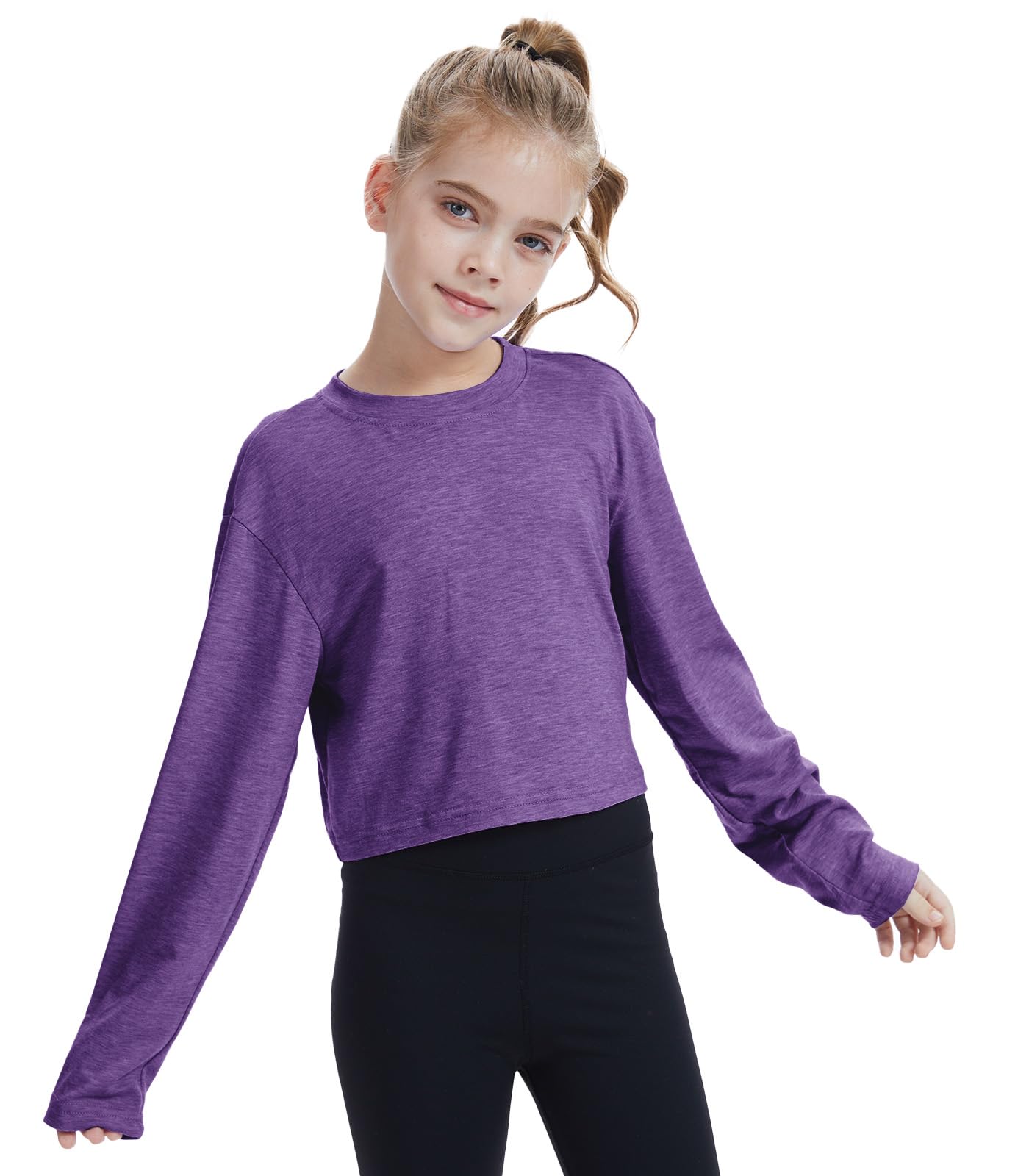 CharmWM Girls Long Sleeve Crop Top Crew Neck Casual Tee Deep Purple Size 9-10Y
