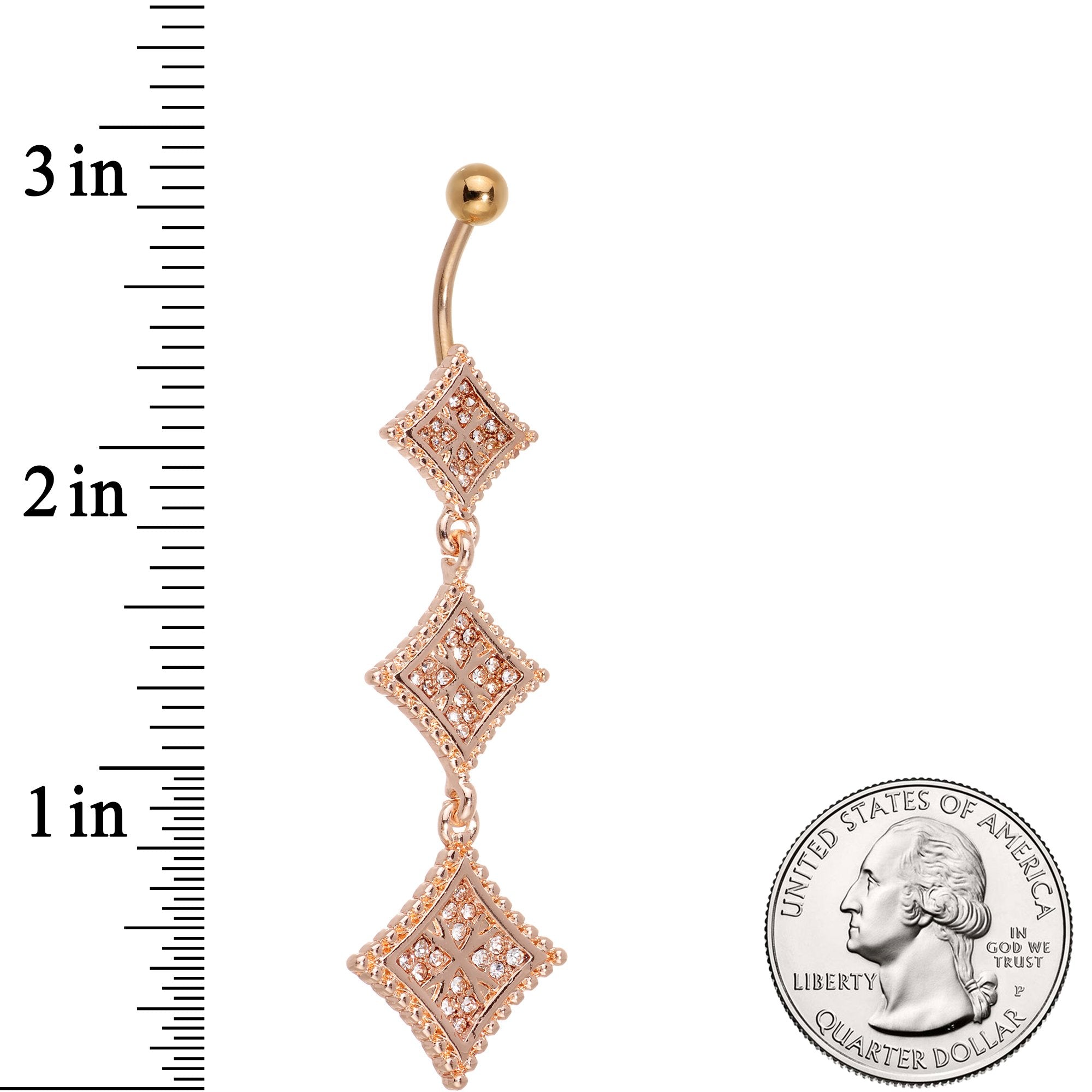 Clear Gem Rose Gold Tone Regal Triple Rhombus Dangle Belly Ring