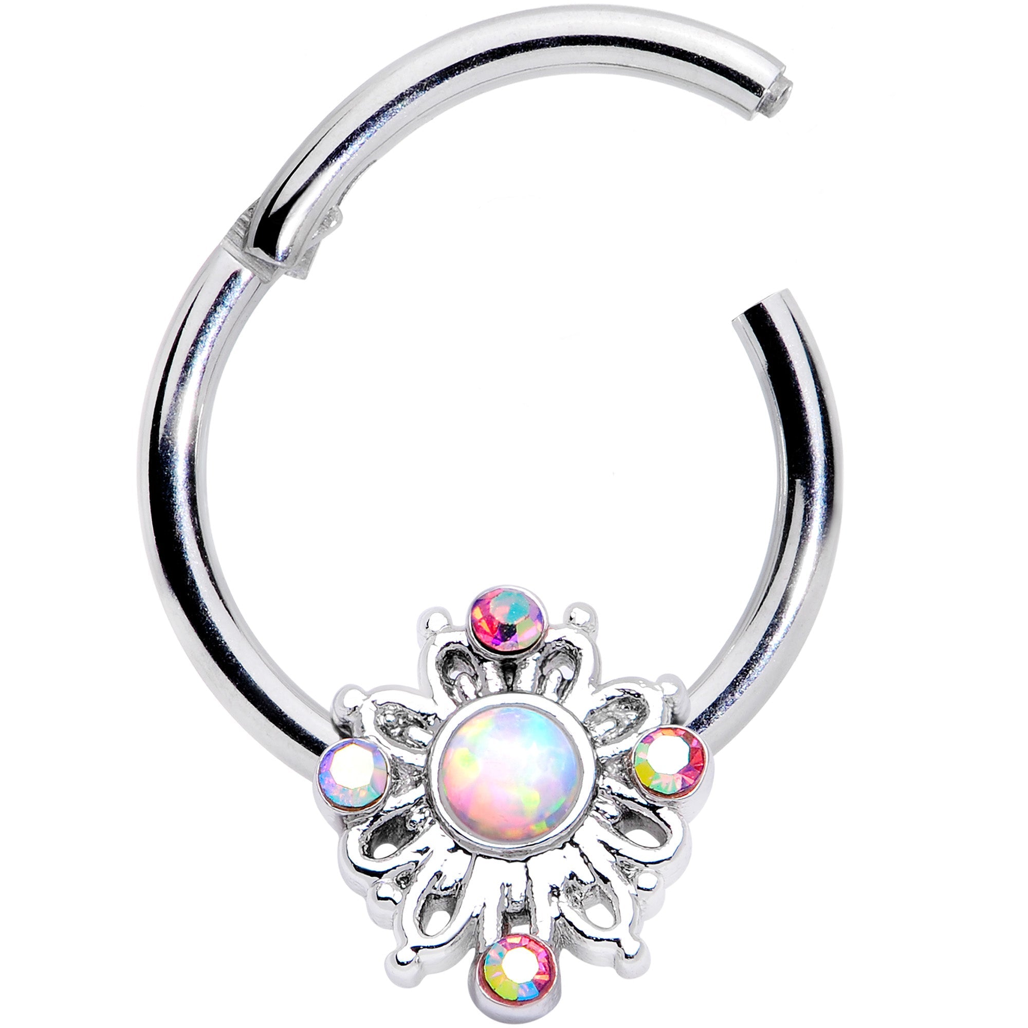 16G 3/8 White Synthetic Opal Aurora Gem Crest Hinged Segment Ring