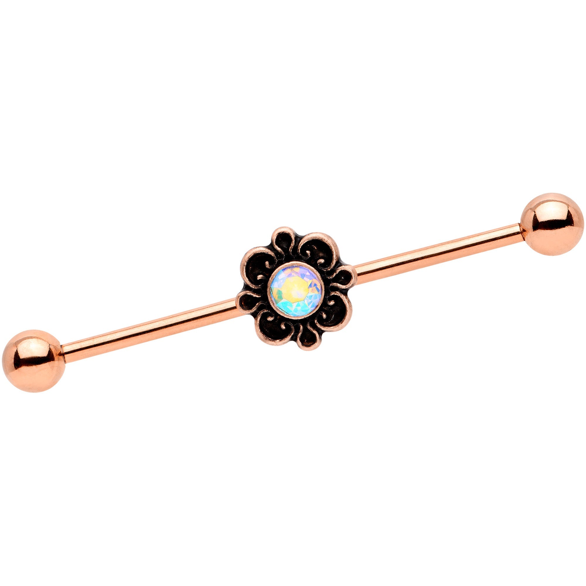 14G Aurora Gem Rose Gold Tone Flower Industrial Barbell 38mm