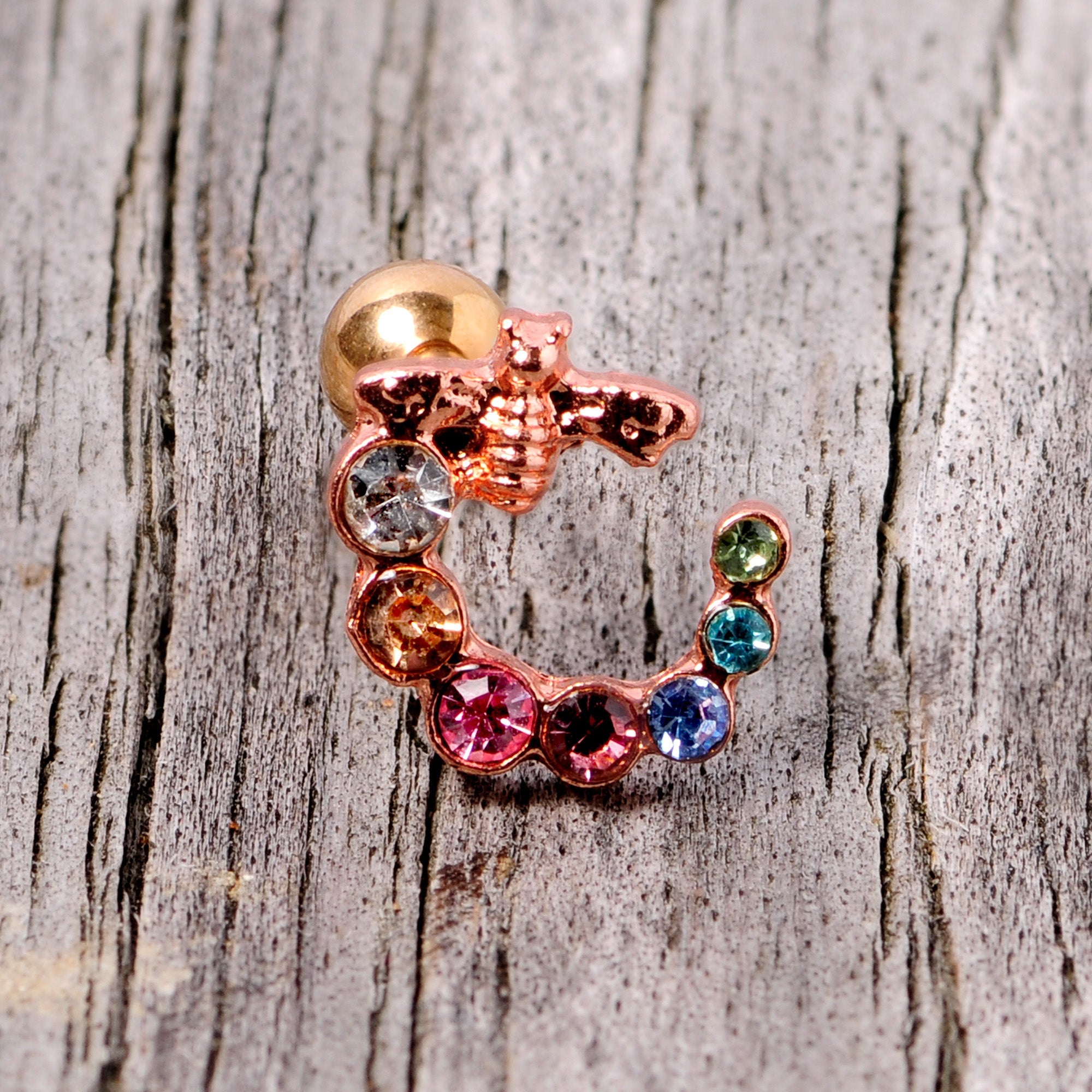 16G 1/4 Multicolor Gem Rose Gold Tone Bee Cartilage Tragus Earring