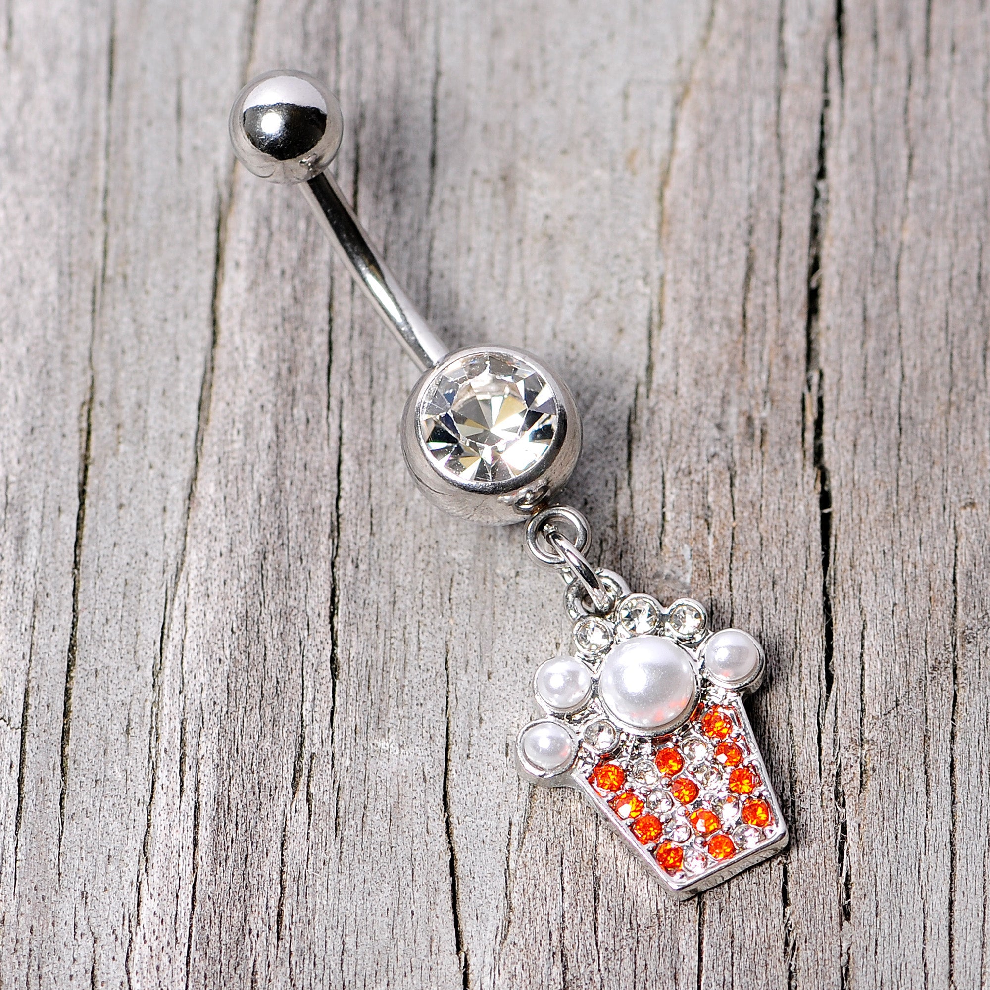 Clear Red Gem White Orb Movie Night Popcorn Dangle Belly Ring