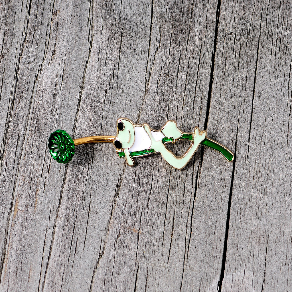Green Gold Tone Frog Flower Double Mount Belly Ring