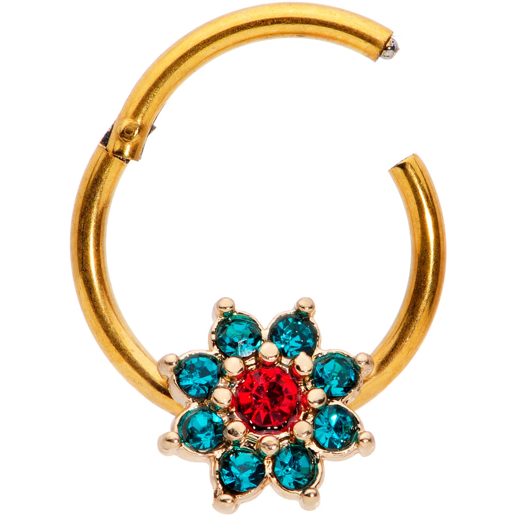 16G 5/16 Red Gem Gold Tone Christmas Flower Hinged Segment Ring