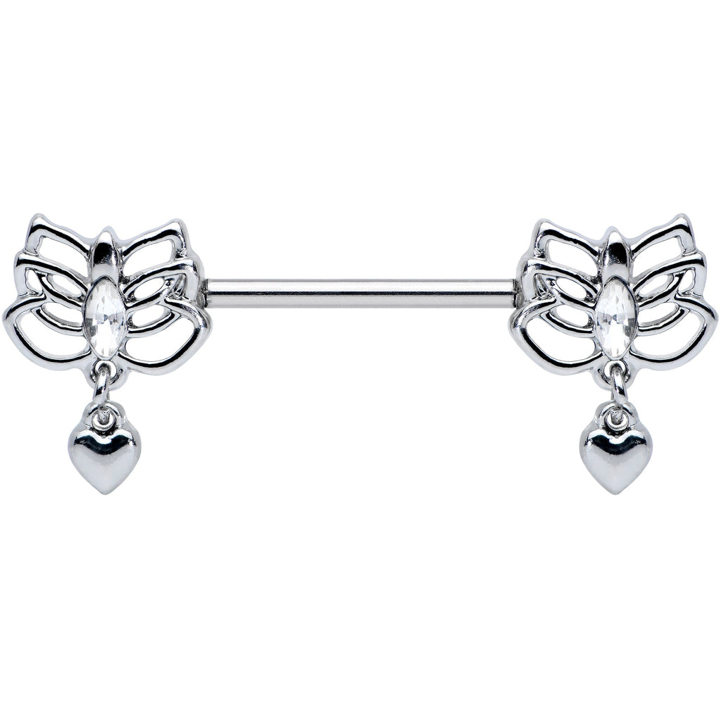 14G 5/8 Clear Gem Lotus Heart Dangle Barbell Nipple Ring Set