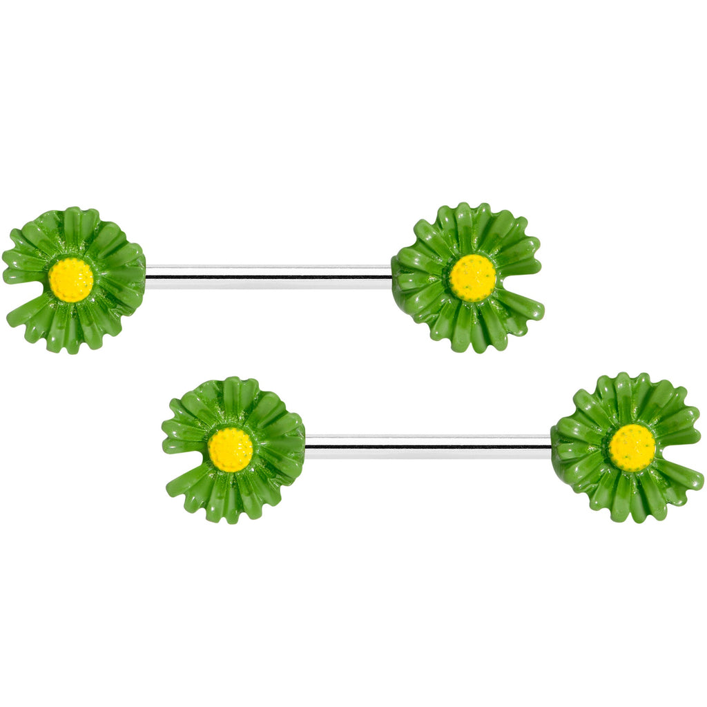 14G 5/8 Green Flower Barbell Nipple Ring Set
