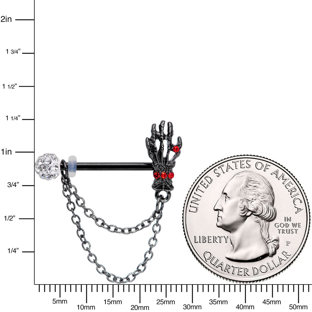 14G 9/16 Red Gem Skeleton Hands Black Halloween Nipple Ring Set