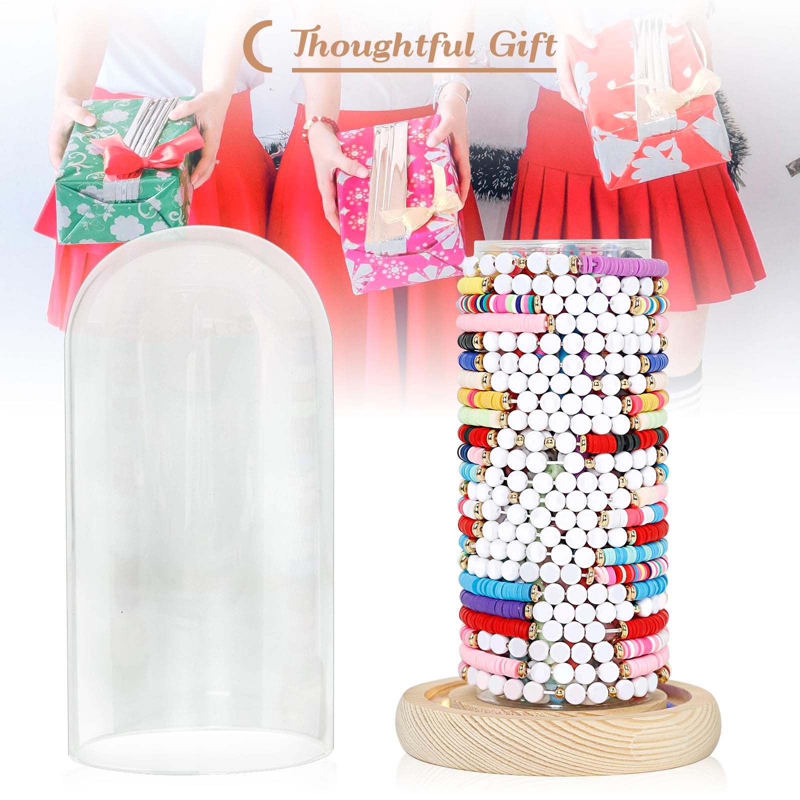 Aolamegs Friendship Bracelets Organizer with Lights Transparent Rustic Wood Base