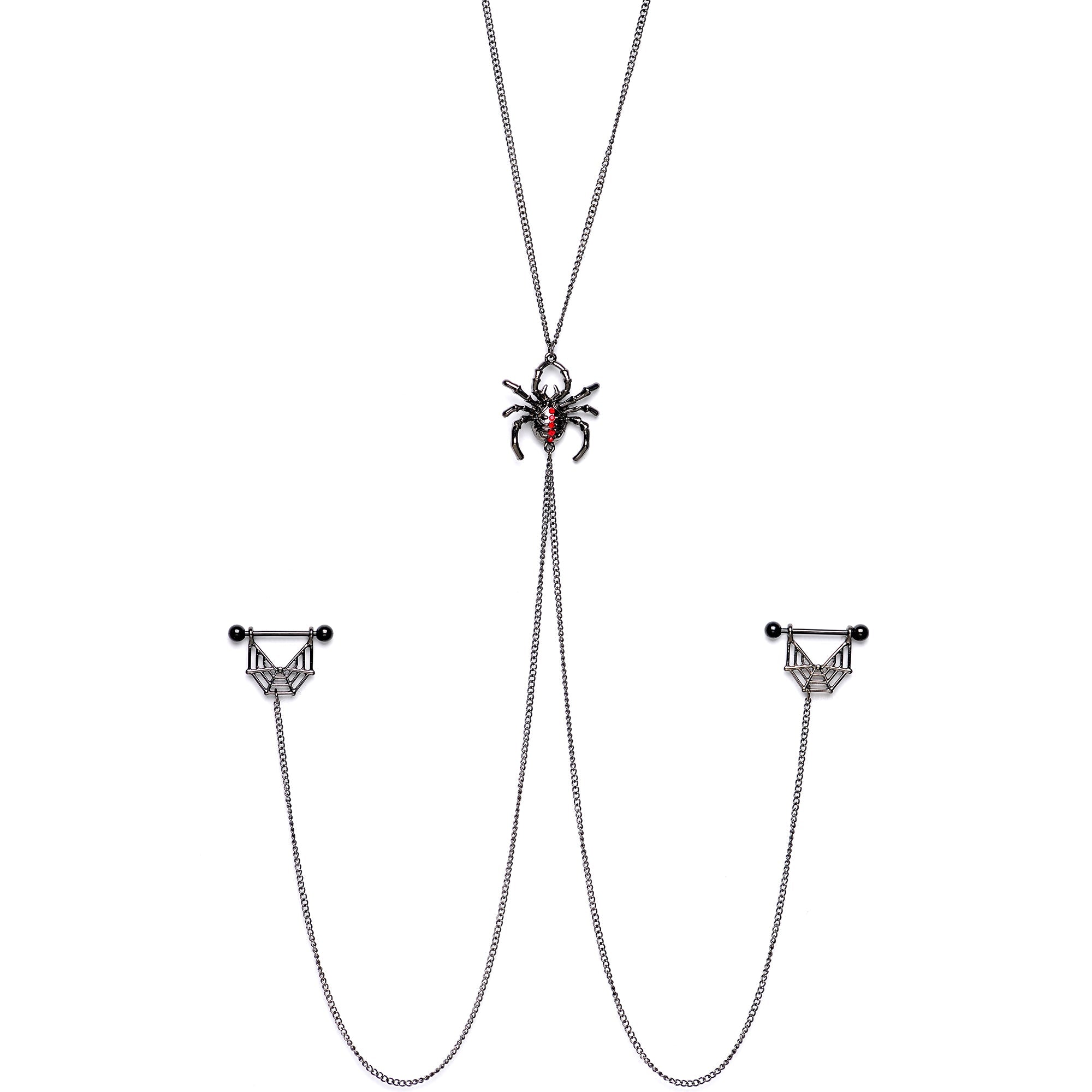 14G 9/16 Red Gem Black Spider Web Halloween Nipple Chain Necklace