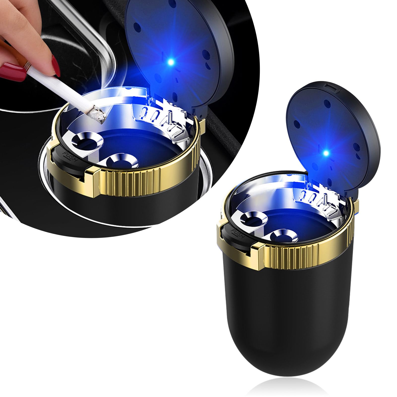 Kewucn Car Ashtray with Lid Portable Stainless Steel LED Blue Light Gold