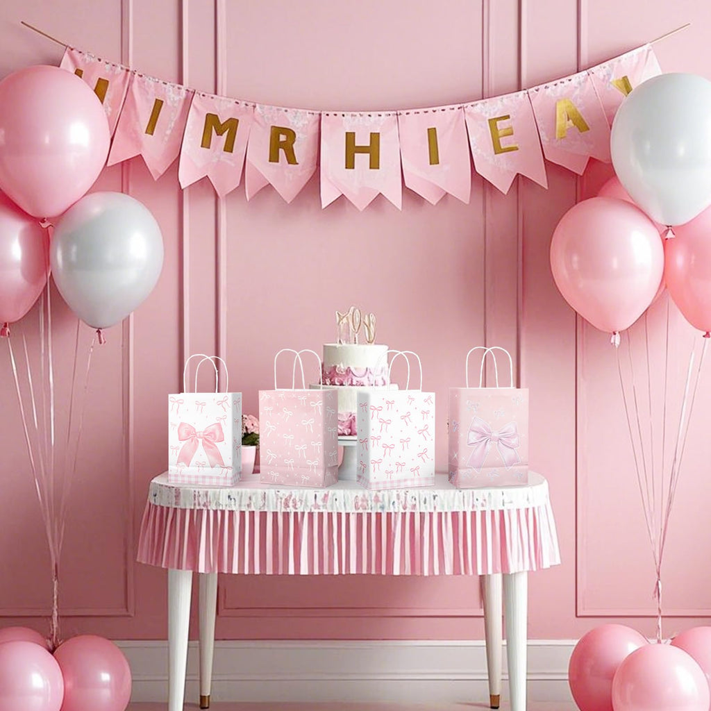 BOXOB Pink Bow Gift Bags 12pcs 8.27x6.3x3.15in Pink White Party Favor