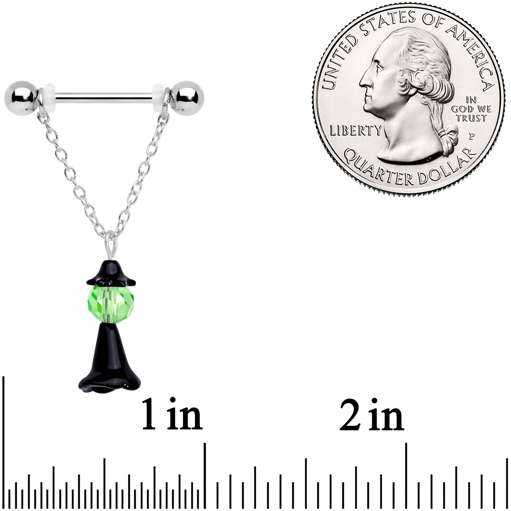 14G 11/16 Green Gem Spooky Witch Halloween Dangle Nipple Ring Set